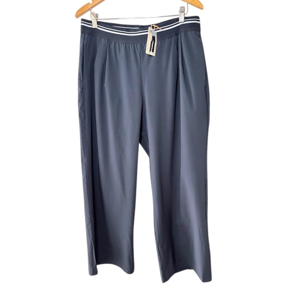 Crane Women Travel Trousers Blue Elastic Waist Striped Wide Leg Pants Large NWT